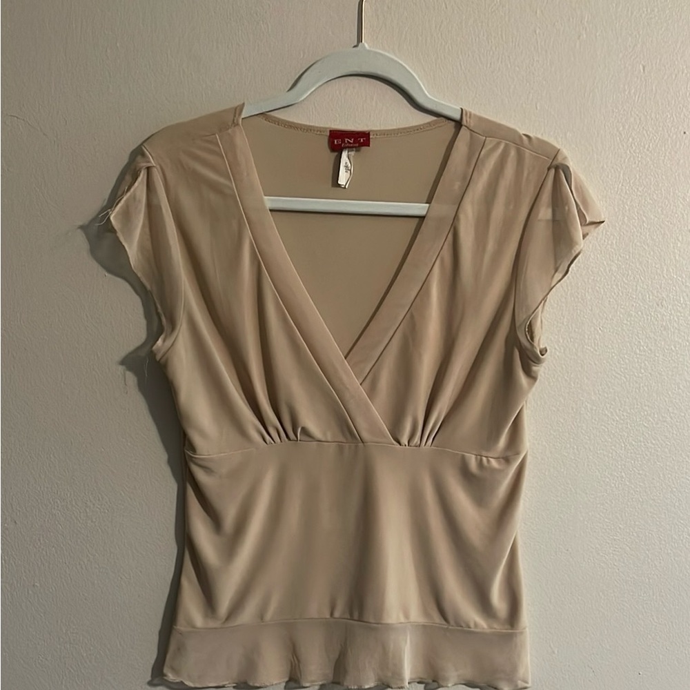 Tan Fitted Flutter Sleeve Blouse